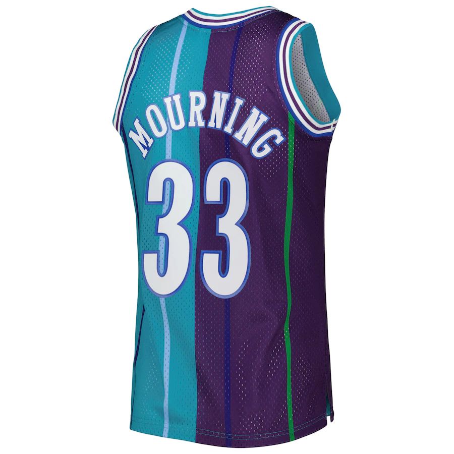 C.Hornets #33 Alonzo Mourning Mitchell & Ness Hardwood Classics 1992-93 Split Swingman Jersey Teal Purple Stitched American Basketball Jersey UNEC