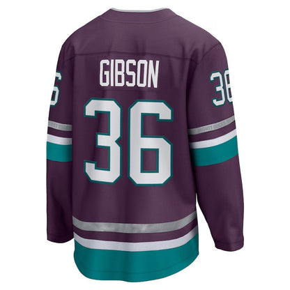 A.Ducks #36 John Gibson Fanatics 30th Anniversary Premier Breakaway Jersey - Purple Stitched American Hockey Jersey UNEC