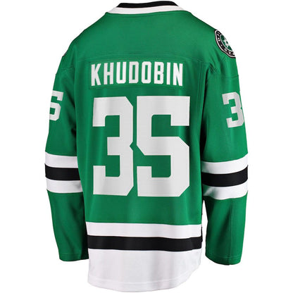 D.Stars #35 Anton Khudobin Fanatics Branded Breakaway Player Jersey Kelly Green Stitched American Hockey Jersey UNEC