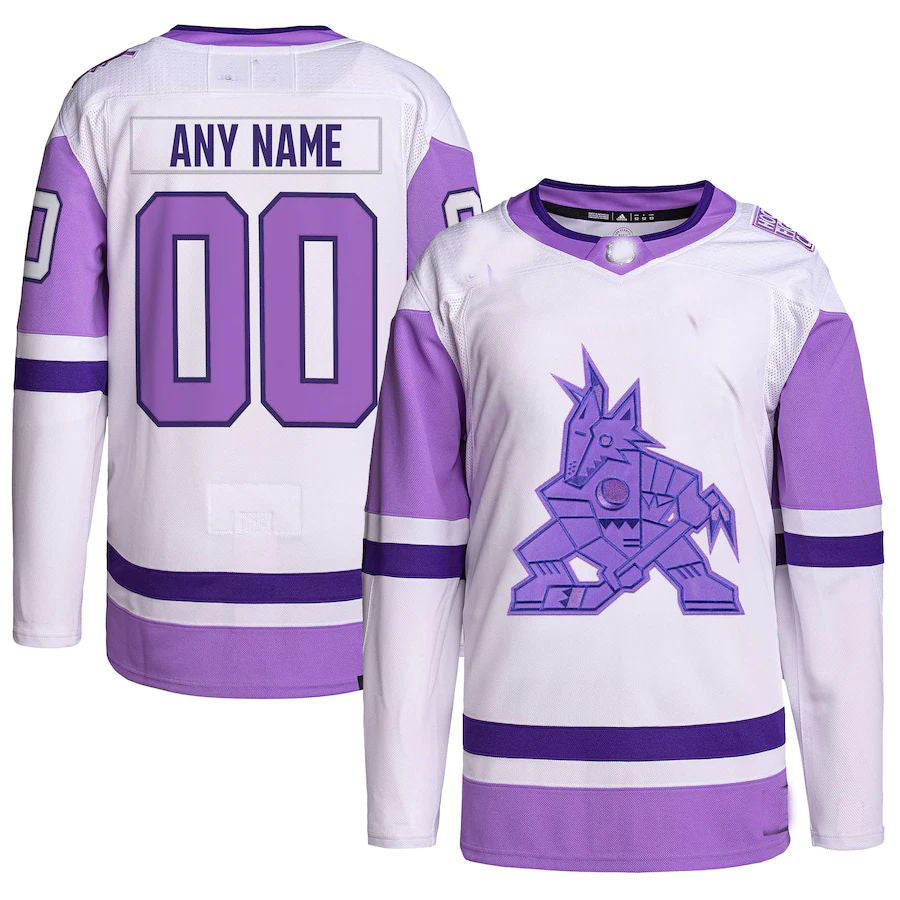 Custom A.Coyotes Hockey Fights Cancer Primegreen Authentic Jersey White Purple Stitched American Hockey Jersey UNEC