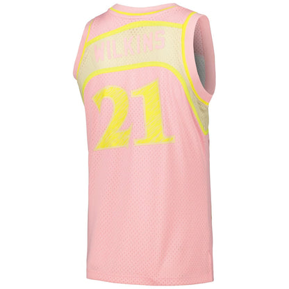 A.Hawks #21 Dominique Wilkins Mitchell & Ness 1986-87 Swingman Sidewalk Sketch Jersey - Pink Stitched American Basketball Jersey UNEC