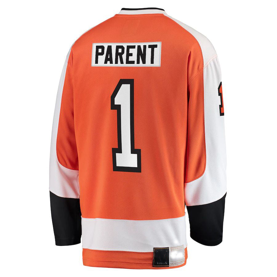 P.Flyers #1 Bernie Parent Fanatics Branded Premier Breakaway Retired Player Jersey  Orange Stitched American Hockey Jersey UNEC