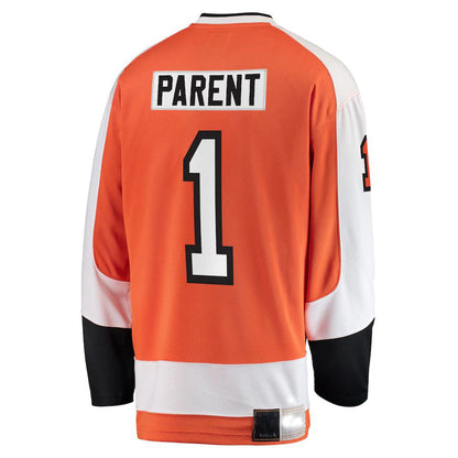 P.Flyers #1 Bernie Parent Fanatics Branded Premier Breakaway Retired Player Jersey  Orange Stitched American Hockey Jersey UNEC
