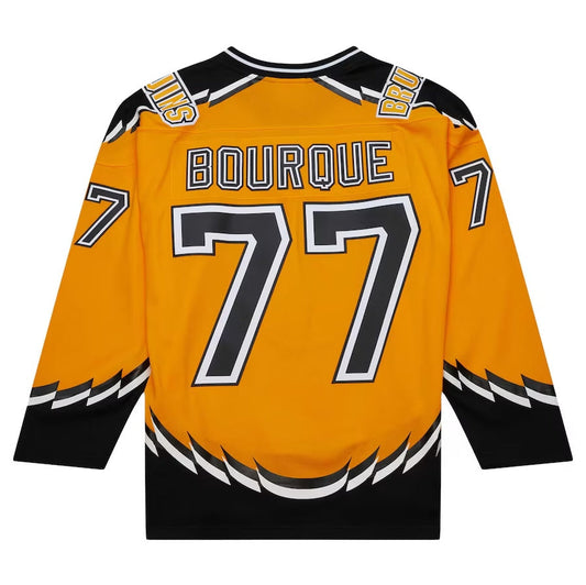 B.Bruins #77 Ray Bourque Mitchell & Ness 1996-97 Captain Patch Blue Line Player Jersey - Gold Stitched American Hockey Jersey UNEC