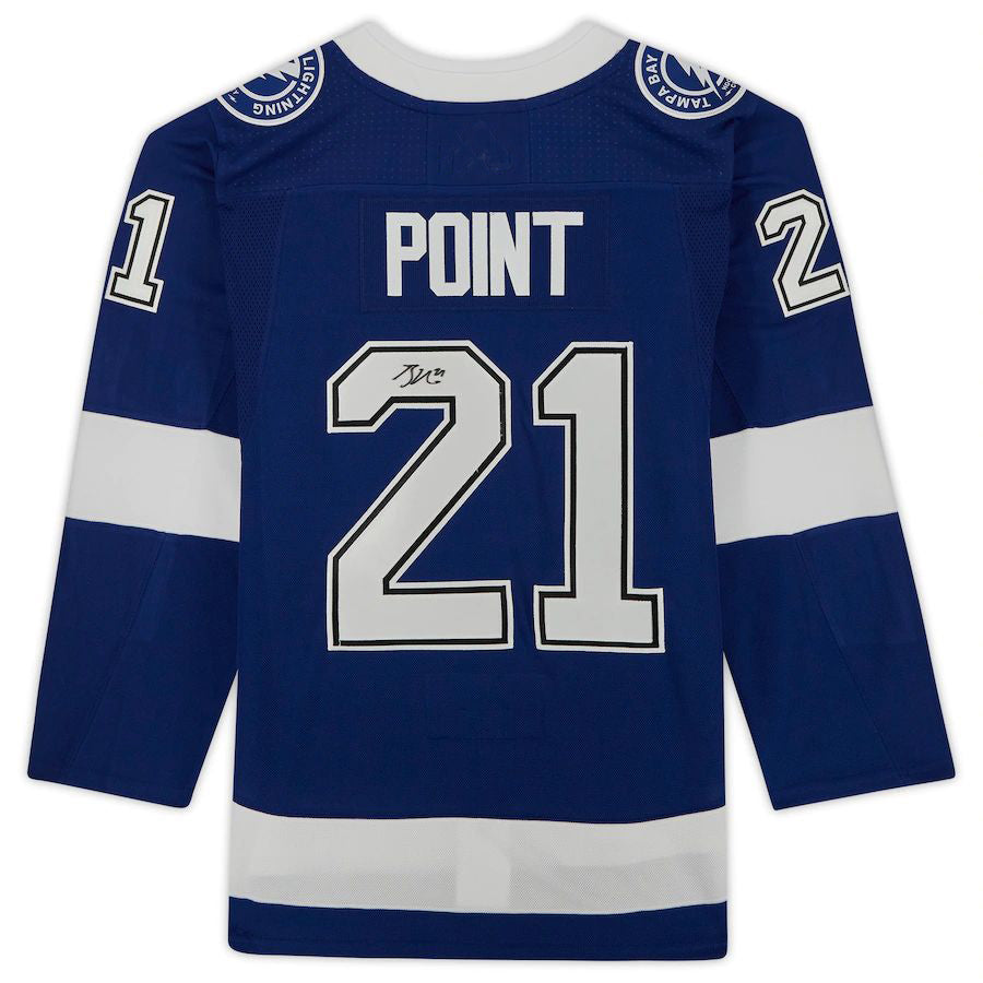TB.Lightning #21 Brayden Point Fanatics Authentic Autographed Stanley Cup Champions with 2021 Stanley Cup Final Patch Blue Stitched American Hockey Jersey UNEC