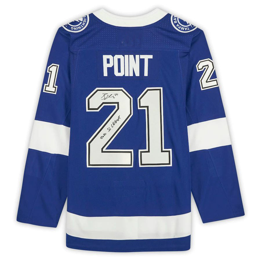 TB.Lightning #21 Brayden Point Fanatics Authentic Autographed with 2020 SC Champs Inscription Blue Stitched American Hockey Jersey UNEC