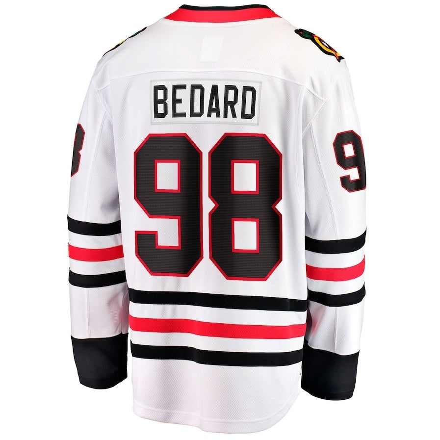 C.Blackhawks #98 Connor Bedard Fanatics Away Premier Breakaway Player Jersey - White Stitched American Hockey Jersey UNEC
