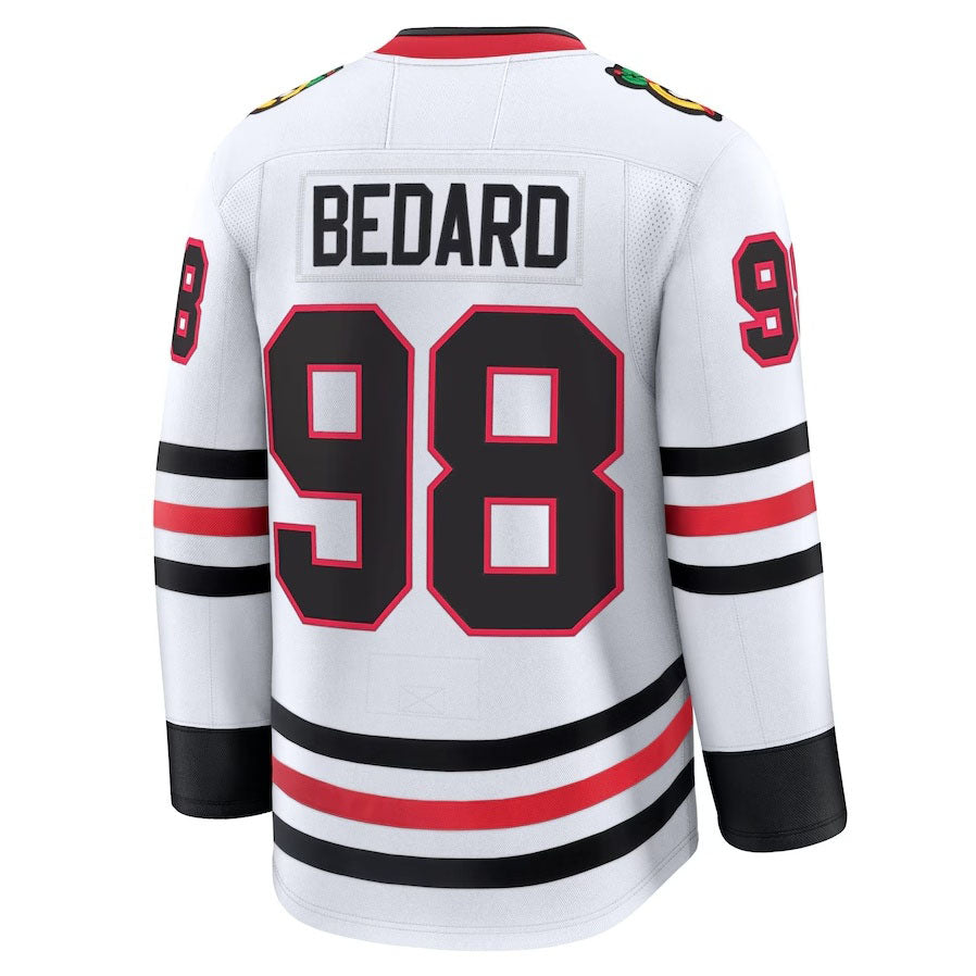 C.Blackhawks #98 Connor Bedard Fanatics Away Premium Jersey - White Stitched American Hockey Jersey UNEC