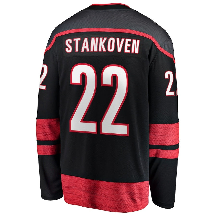 C.Hurricanes #22 Logan Stankoven Fanatics Home Breakaway Jersey - Black Stitched American Hockey Jersey UNEC