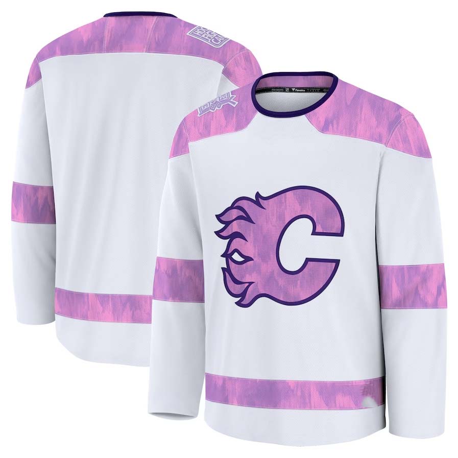 C.Flames Fanatics 2024 Hockey Fights Cancer Practice Jersey - White Stitched American Hockey Jersey UNEC
