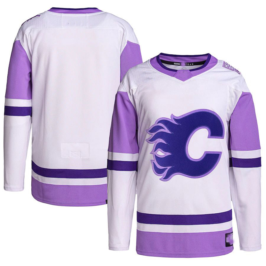 C.Flames Hockey Fights Cancer Primegreen Authentic Blank Practice Jersey White Purple Stitched American Hockey Jersey UNEC