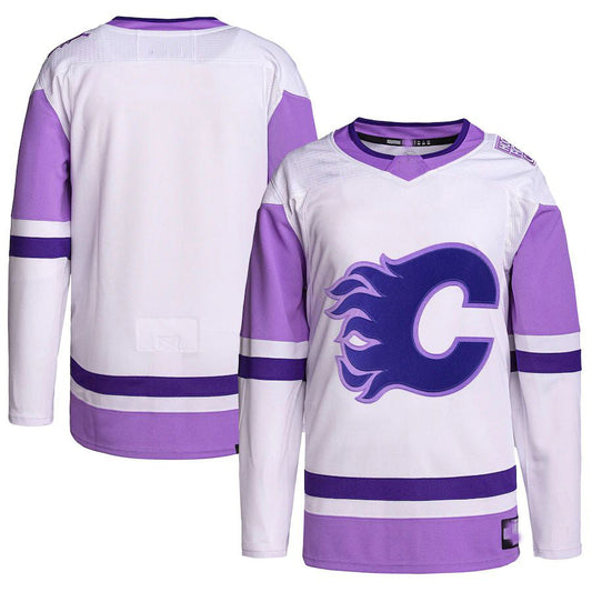 C.Flames Hockey Fights Cancer Primegreen Authentic Blank Practice Jersey White Purple Stitched American Hockey Jersey UNEC