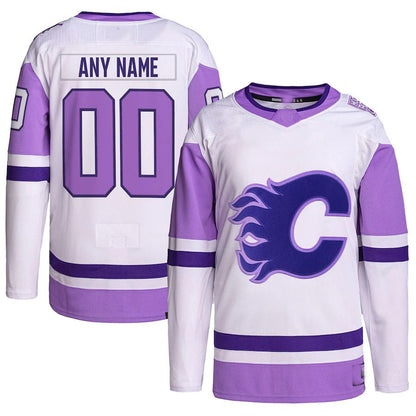 Custom C.Flames Hockey Fights Cancer Primegreen Authentic Jersey White Purple Stitched American Hockey Jersey UNEC