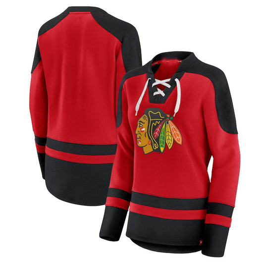 C.Blackhawks Fanatics Branded Net Gain Fleece V-Neck Pullover Sweatshirt Red Black Stitched American Hockey Jersey UNEC