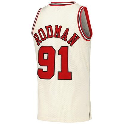 C.Bulls #91 Dennis Rodman Mitchell & Ness Chainstitch Swingman Jersey - Cream American Basketball Jersey UNEC