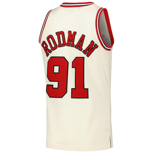 C.Bulls #91 Dennis Rodman Mitchell & Ness Chainstitch Swingman Jersey - Cream American Basketball Jersey UNEC