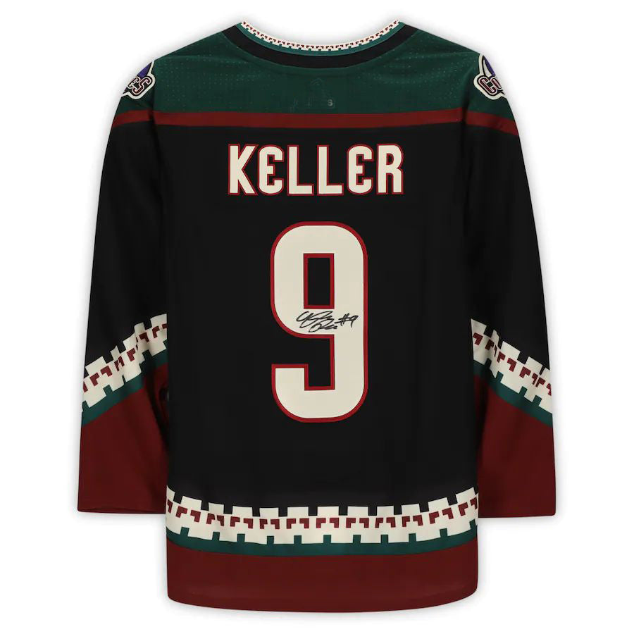 A.Coyotes #9 Clayton Keller Fanatics Authentic Autographed Kachina Alternate Jersey with 25th Anniversary Season Patch Black Stitched American Hockey Jersey UNEC