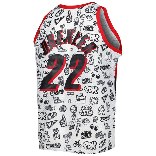 P.Trail Blazers #22 Clyde Drexler Mitchell & Ness 1991-92 Hardwood Classics Doodle Swingman Player Jersey White Stitched American Basketball Jersey UNEC