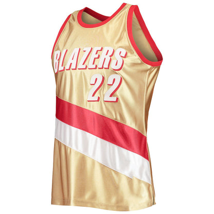 P.Trail Blazers #22 Clyde Drexler Mitchell & Ness 75th Anniversary 1991-92 Hardwood Classics Swingman Jersey Gold Stitched American Basketball Jersey UNEC