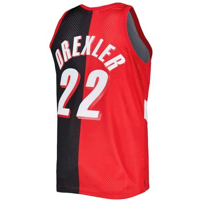 P.Trail Blazers #22 Clyde Drexler Mitchell & Ness Hardwood Classics 1991-92 Split Swingman Jersey Red-Black Stitched American Basketball Jersey UNEC