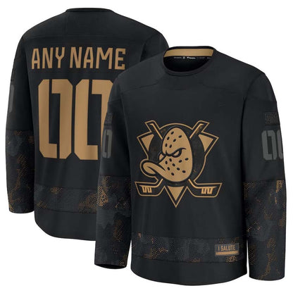 Custom A.Ducks Fanatics 2024 Military Appreciation Personalized Long Sleeve Practice Jersey - Black Stitched American Hockey Jersey UNEC