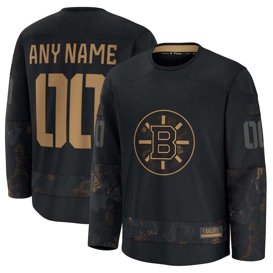 Custom B.Bruins Fanatics 2024 Military Appreciation Personalized Long Sleeve Practice Jersey - Black Stitched American Hockey Jersey UNEC