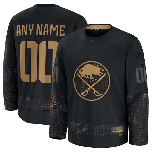 Custom B.Sabres Fanatics 2024 Military Appreciation Personalized Long Sleeve Practice Jersey - Black Stitched American Hockey Jersey UNEC