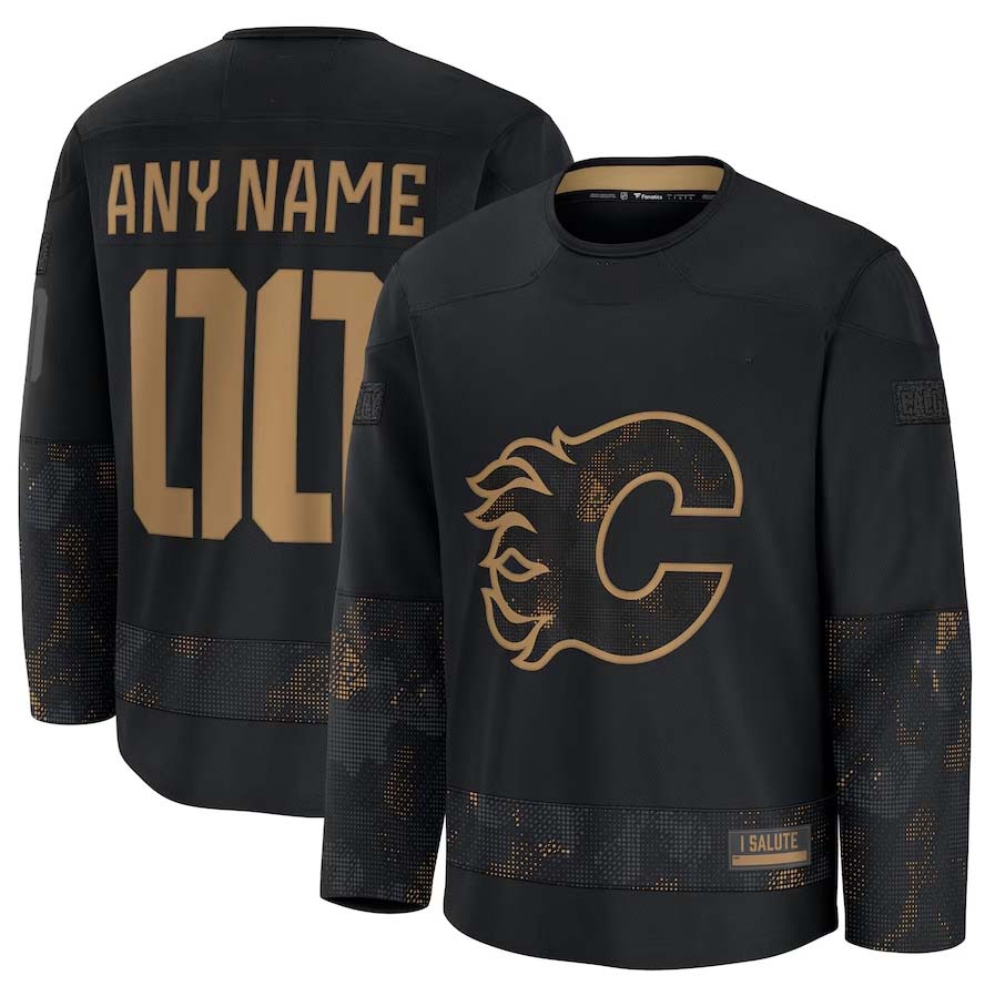 Custom C.Flames Fanatics 2024 Military Appreciation Personalized Long Sleeve Practice Jersey - Black Stitched American Hockey Jersey UNEC