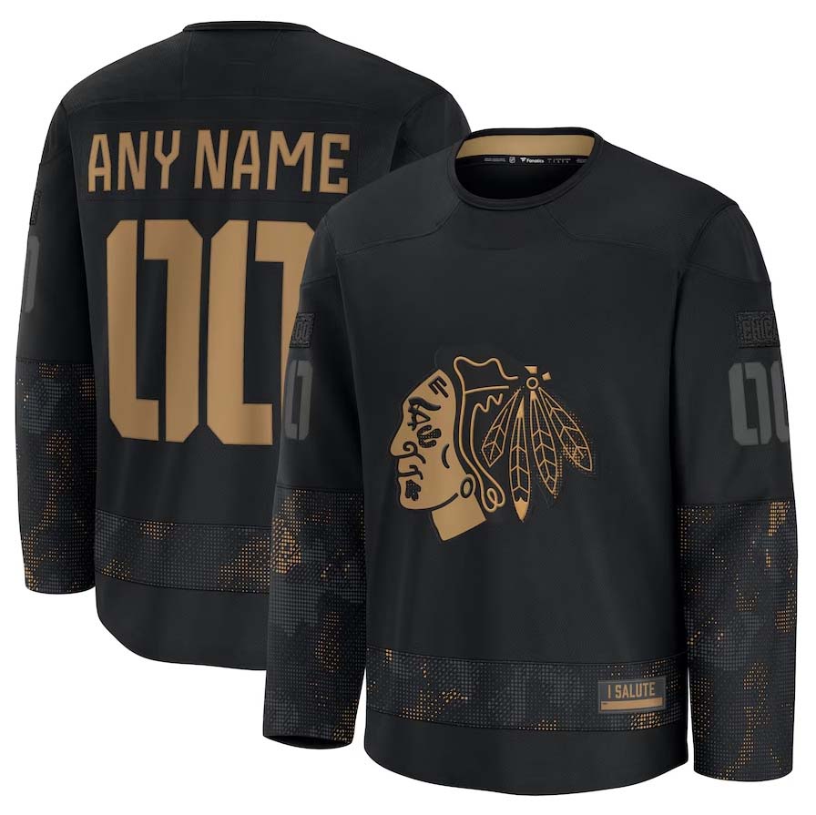 Custom C.Blackhawks Fanatics 2024 Military Appreciation Personalized Long Sleeve Practice Jersey - Black Stitched American Hockey Jersey UNEC