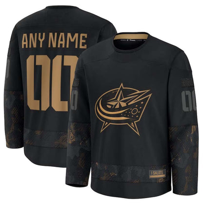 Custom C.Blue Jackets Fanatics 2024 Military Appreciation Personalized Long Sleeve Practice Jersey - Black Stitched American Hockey Jersey UNEC