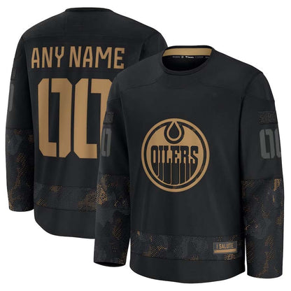 Custom E.Oilers Fanatics 2024 Military Appreciation Personalized Long Sleeve Practice Jersey - Black Stitched American Hockey Jersey UNEC