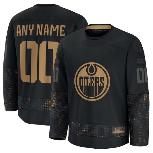 Custom E.Oilers Fanatics 2024 Military Appreciation Personalized Long Sleeve Practice Jersey - Black Stitched American Hockey Jersey UNEC