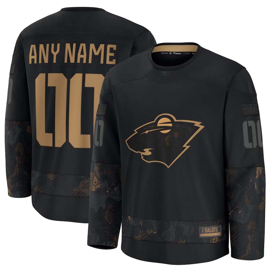 Custom M.Wild Fanatics 2024 Military Appreciation Personalized Long Sleeve Practice Jersey - Black Stitched American Hockey Jersey UNEC