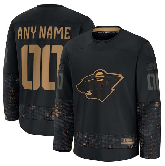 Custom M.Wild Fanatics 2024 Military Appreciation Personalized Long Sleeve Practice Jersey - Black Stitched American Hockey Jersey UNEC