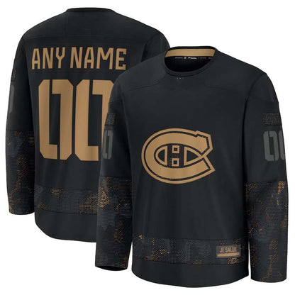 Custom M.Canadiens Fanatics 2024 Military Appreciation Personalized Long Sleeve Practice Jersey - Black Stitched American Hockey Jersey UNEC