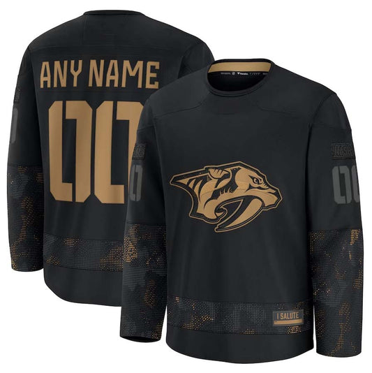 Custom N.Predators  Fanatics 2024 Military Appreciation Personalized Long Sleeve Practice Jersey - Black Stitched American Hockey Jersey UNEC