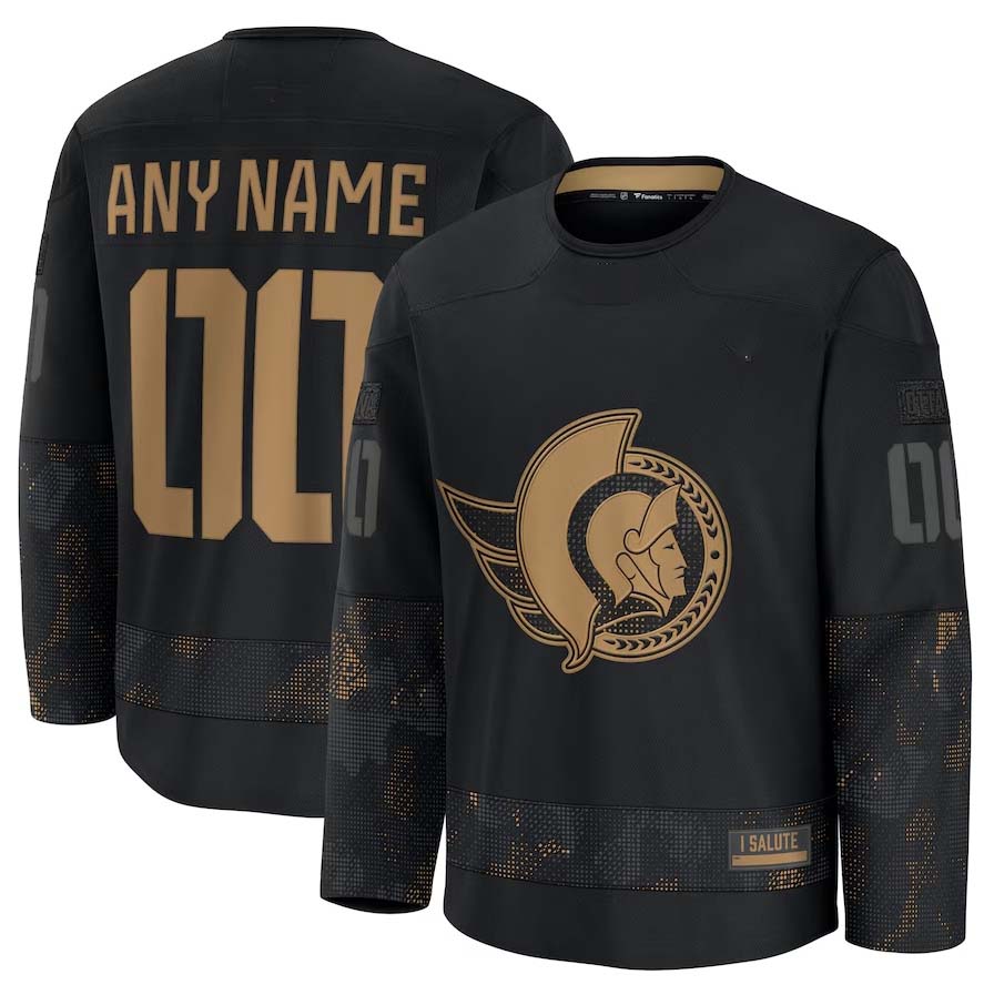 Custom O.Senators Fanatics 2024 Military Appreciation Personalized Long Sleeve Practice Jersey - Black Stitched American Hockey Jersey UNEC