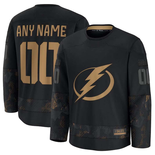 Custom TB.Lightning Fanatics 2024 Military Appreciation Personalized Long Sleeve Practice Jersey - Black Stitched American Hockey Jersey UNEC