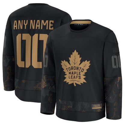 Custom T.Maple Leafs Fanatics 2024 Military Appreciation Personalized Long Sleeve Practice Jersey - Black Stitched American Hockey Jersey UNEC