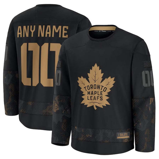 Custom T.Maple Leafs Fanatics 2024 Military Appreciation Personalized Long Sleeve Practice Jersey - Black Stitched American Hockey Jersey UNEC