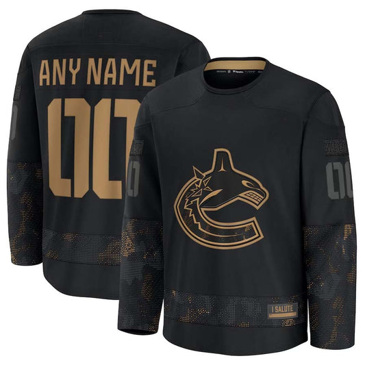 Custom V.Canucks Fanatics 2024 Military Appreciation Personalized Long Sleeve Practice Jersey - Black Stitched American Hockey Jersey UNEC