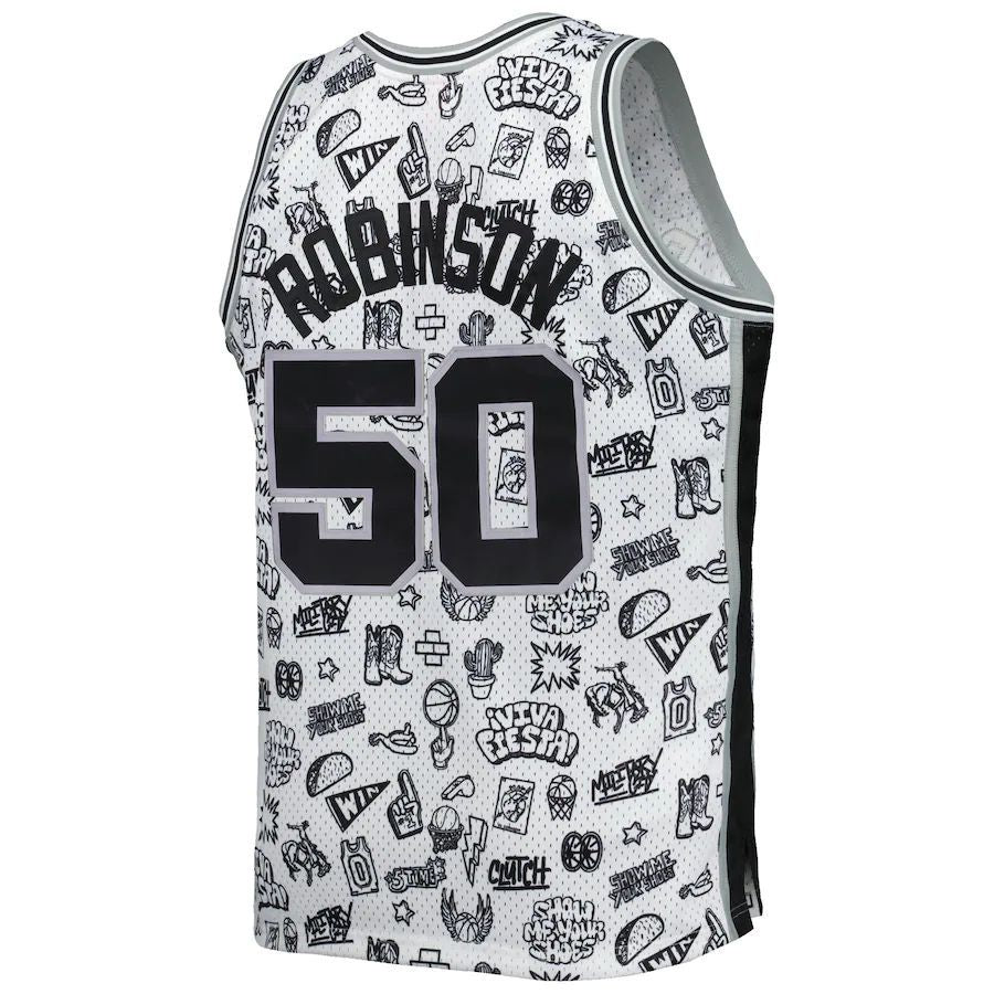 S.Antonio Spurs #50 David Robinson Mitchell & Ness 1998-99 Hardwood Classics Doodle Swingman Player Jersey White Stitched American Basketball Jersey UNEC