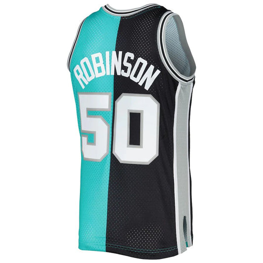 S.Antonio Spurs #50 David Robinson Mitchell & Ness Hardwood Classics 1998-99 Split Swingman Jersey Black-Teal Stitched American Basketball Jersey UNEC
