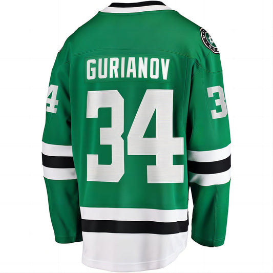D.Stars #34 Denis Gurianov Fanatics Branded Breakaway Player Jersey Kelly Green Stitched American Hockey Jersey UNEC