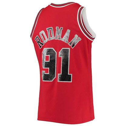 C.Bulls #91 Dennis Rodman Mitchell & Ness 1996-97 Hardwood Classics 75th Anniversary Diamond Swingman Jersey Red Stitched American Basketball Jersey UNEC