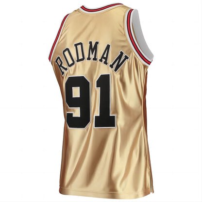 C.Bulls #91 Dennis Rodman Mitchell & Ness 75th Anniversary 1997-98 Hardwood Classics Swingman Jersey Gold Stitched American Basketball Jersey UNEC