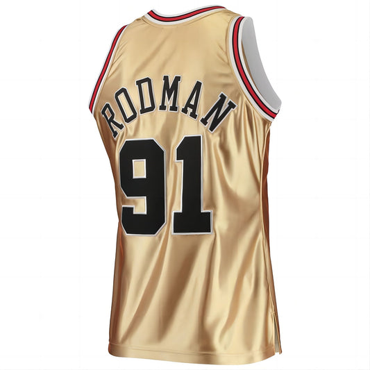C.Bulls #91 Dennis Rodman Mitchell & Ness 75th Anniversary 1997-98 Hardwood Classics Swingman Jersey Gold Stitched American Basketball Jersey UNEC