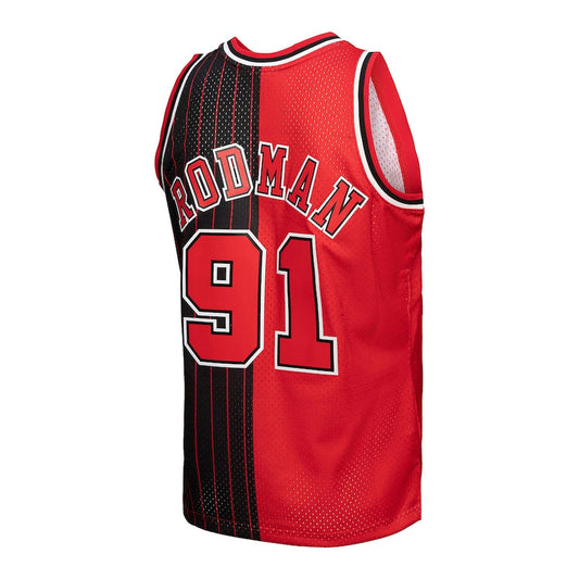 C.Bulls #91 Dennis Rodman Mitchell & Ness Big & Tall Hardwood Classics 1995-96 Split Swingman Jersey Red Black Stitched American Basketball Jersey UNEC