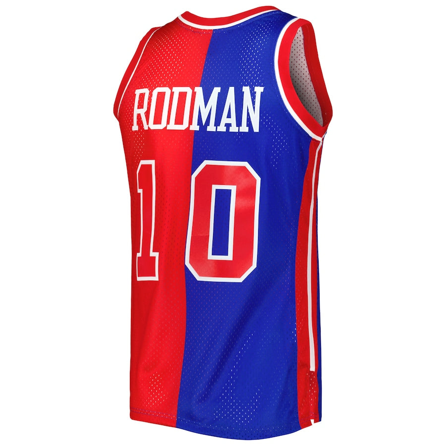 D.Pistons #10 Dennis Rodman Mitchell & Ness Hardwood Classics 1988-89 Split Swingman Jersey Blue Red Stitched American Basketball Jersey UNEC