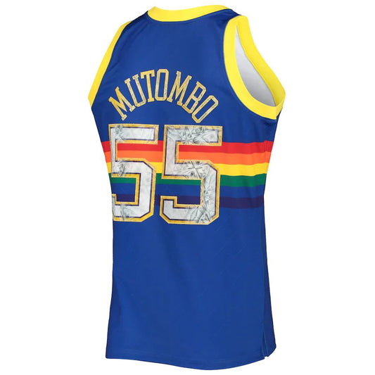 D.Nuggets #55 Dikembe Mutombo Mitchell & Ness 1996-97 Hardwood Classics 75th Anniversary Diamond Swingman Jersey Royal Stitched American Basketball Jersey UNEC